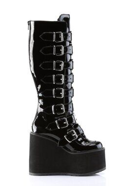 Black Pat Knee High Boots with 8 Buckle Straps